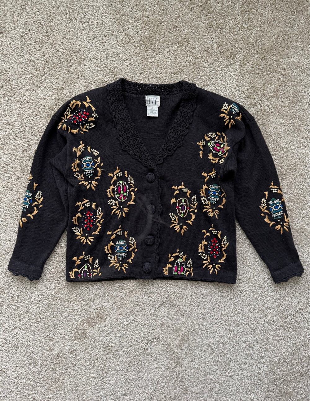 Vintage IVY Beaded Jeweled Embroidered Cardigan Black Size M